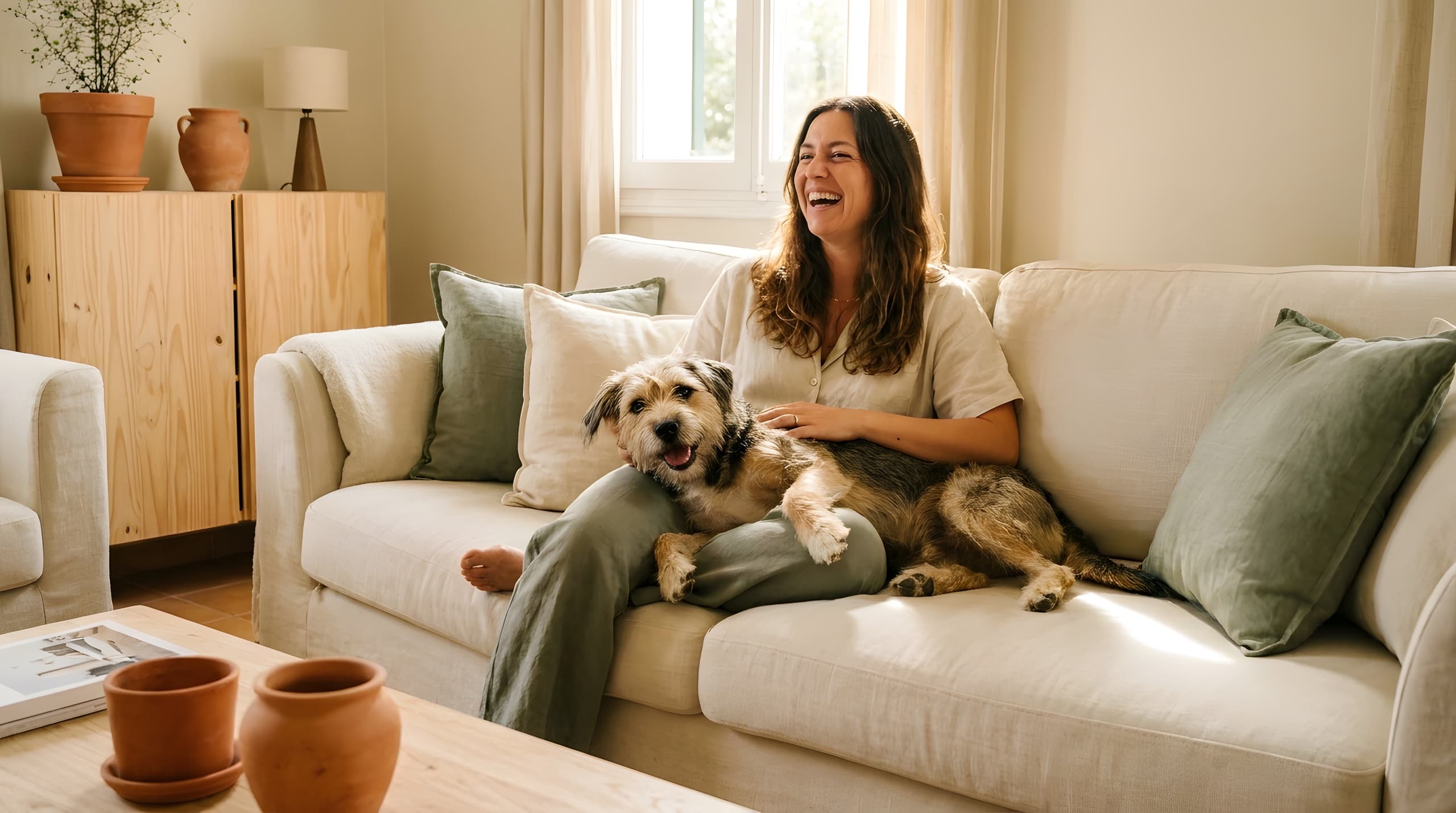 Propietaria disfrutando en el sofá con su perro, relajada